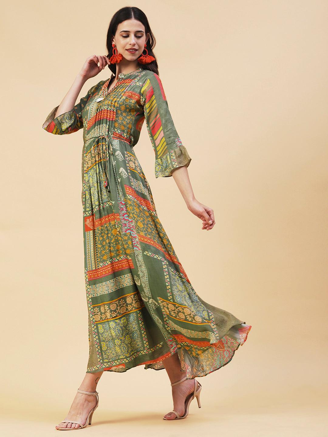 Ethnic Printed & Embroidered A-Line Maxi Dress - Green - Indiakreations