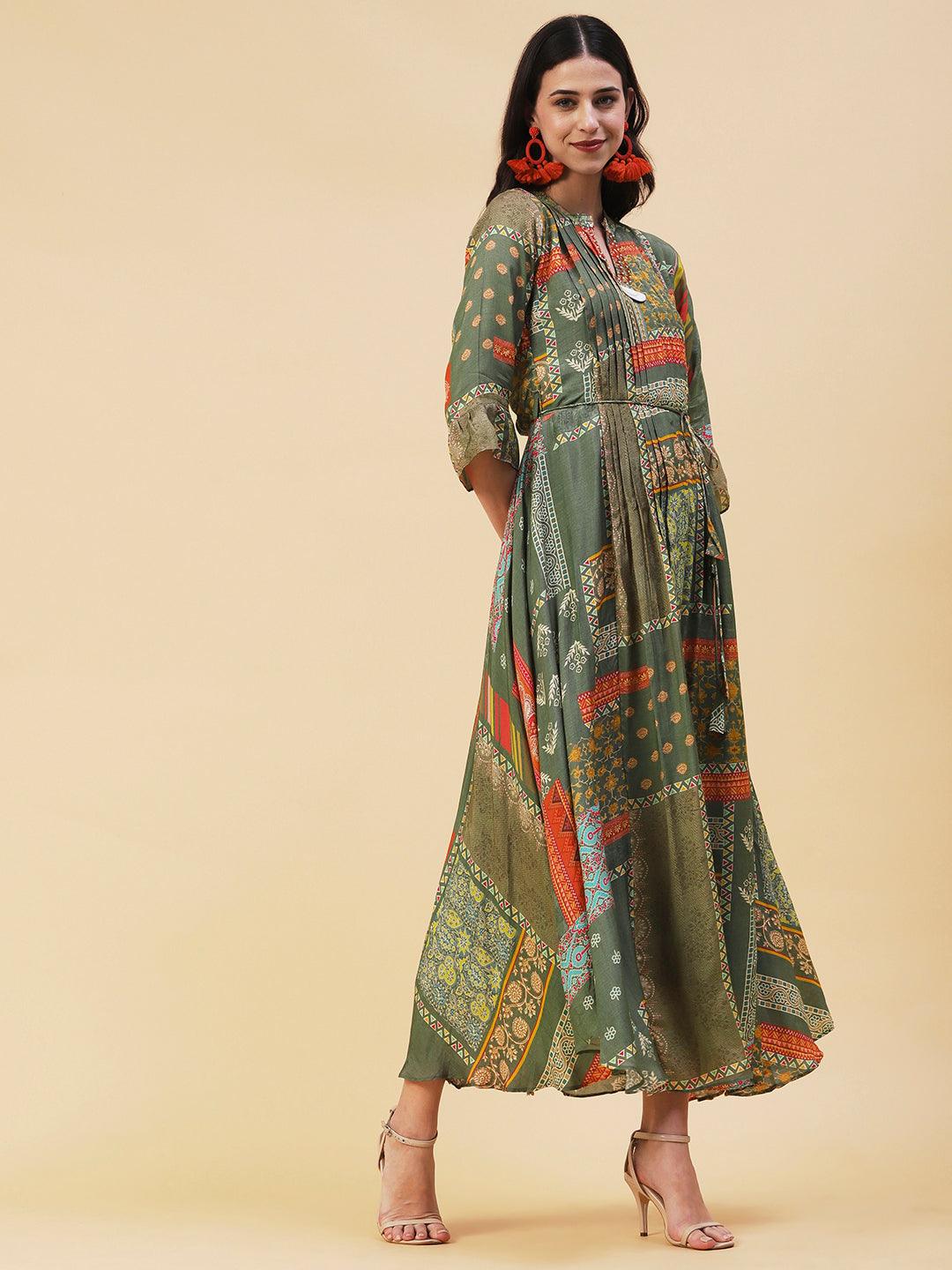 Ethnic Printed & Embroidered A-Line Maxi Dress - Green - Indiakreations