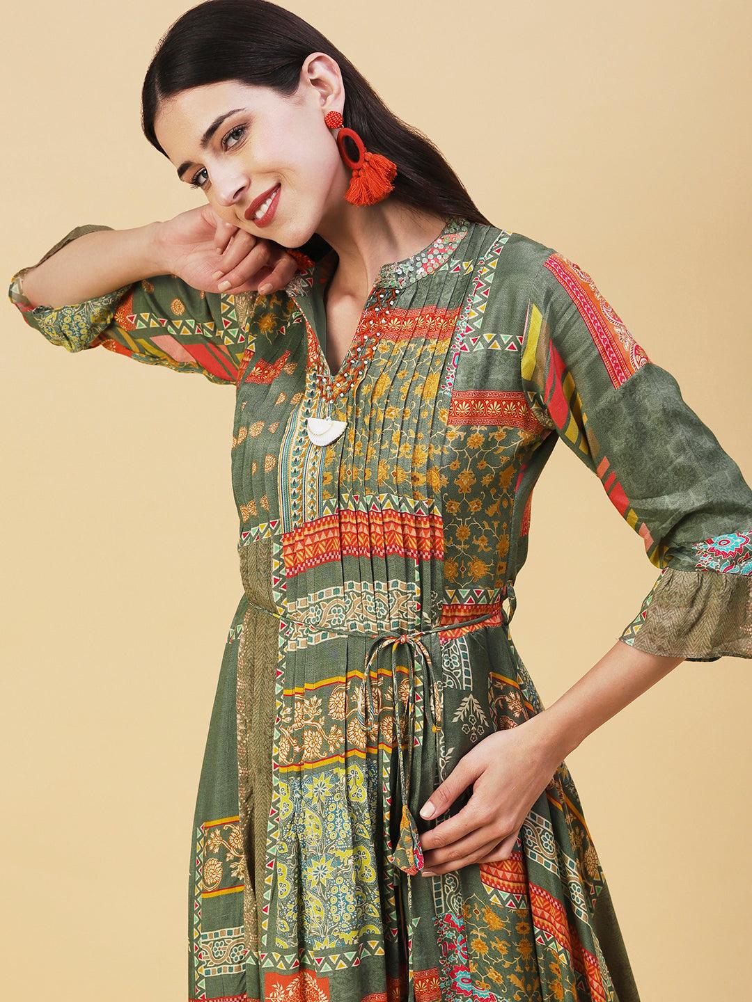 Ethnic Printed & Embroidered A-Line Maxi Dress - Green - Indiakreations