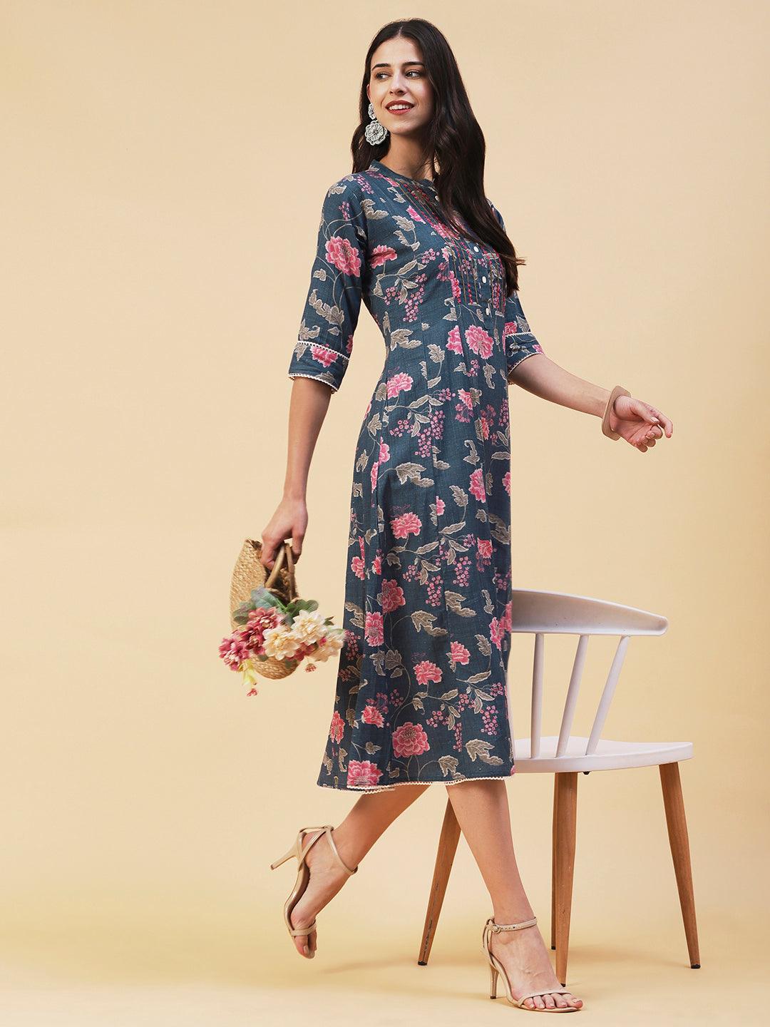 Floral Printed & Embroidered A-Line Midi Dress - Blue - Indiakreations