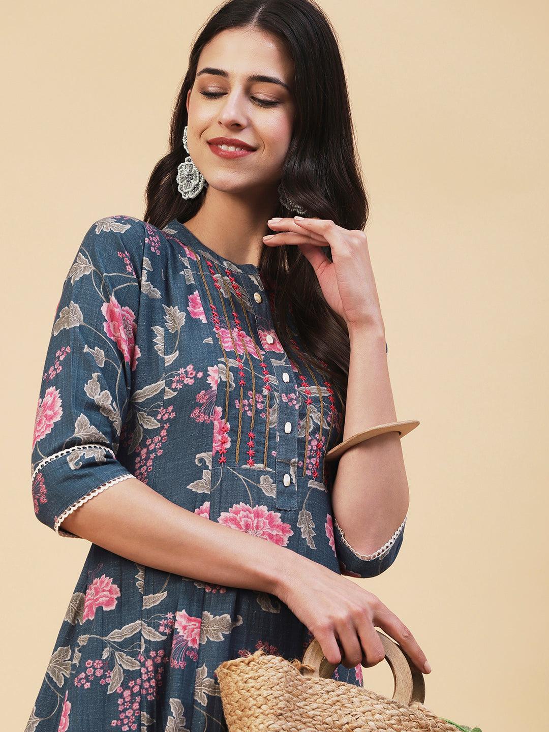 Floral Printed & Embroidered A-Line Midi Dress - Blue - Indiakreations