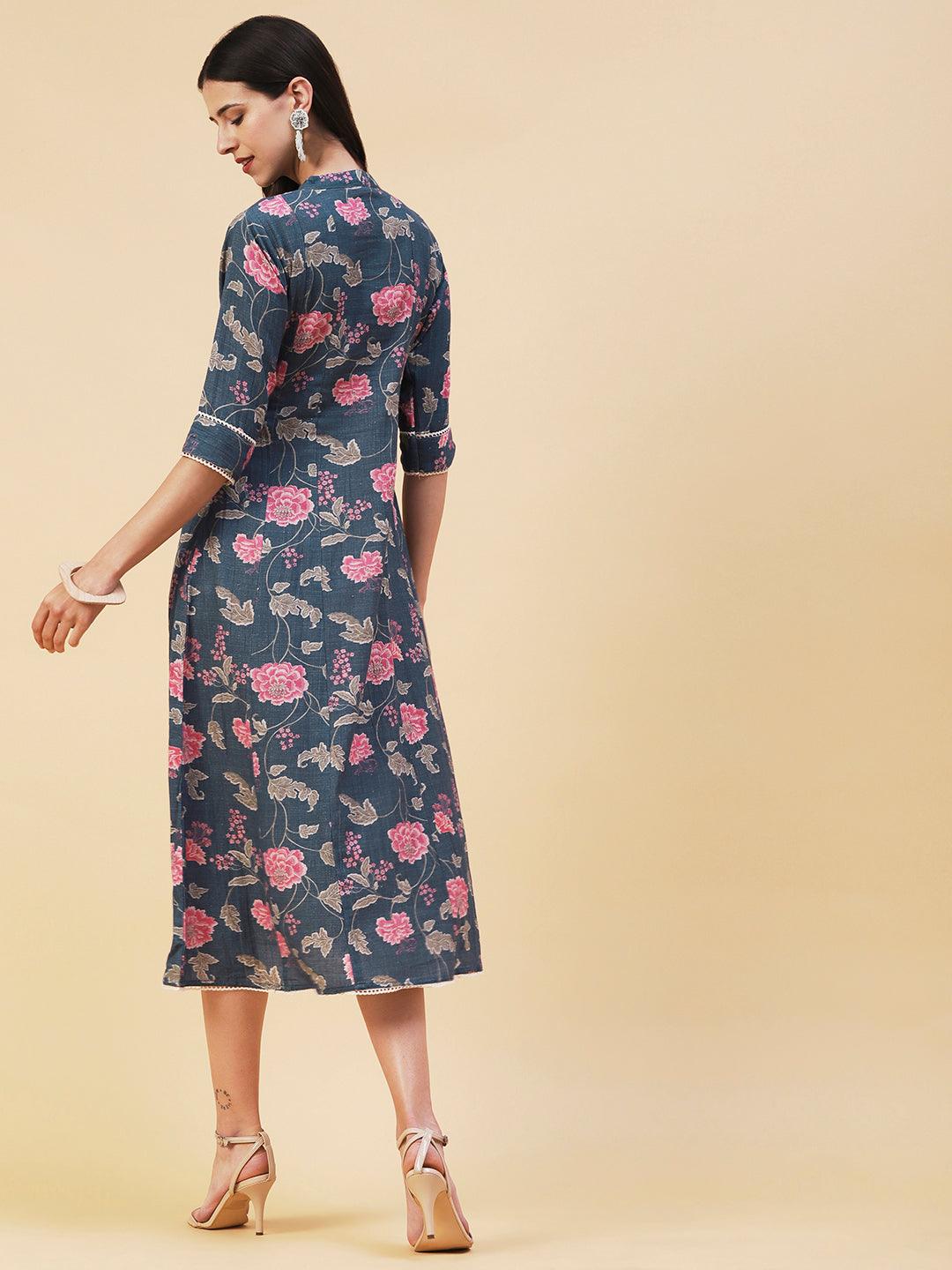 Floral Printed & Embroidered A-Line Midi Dress - Blue - Indiakreations