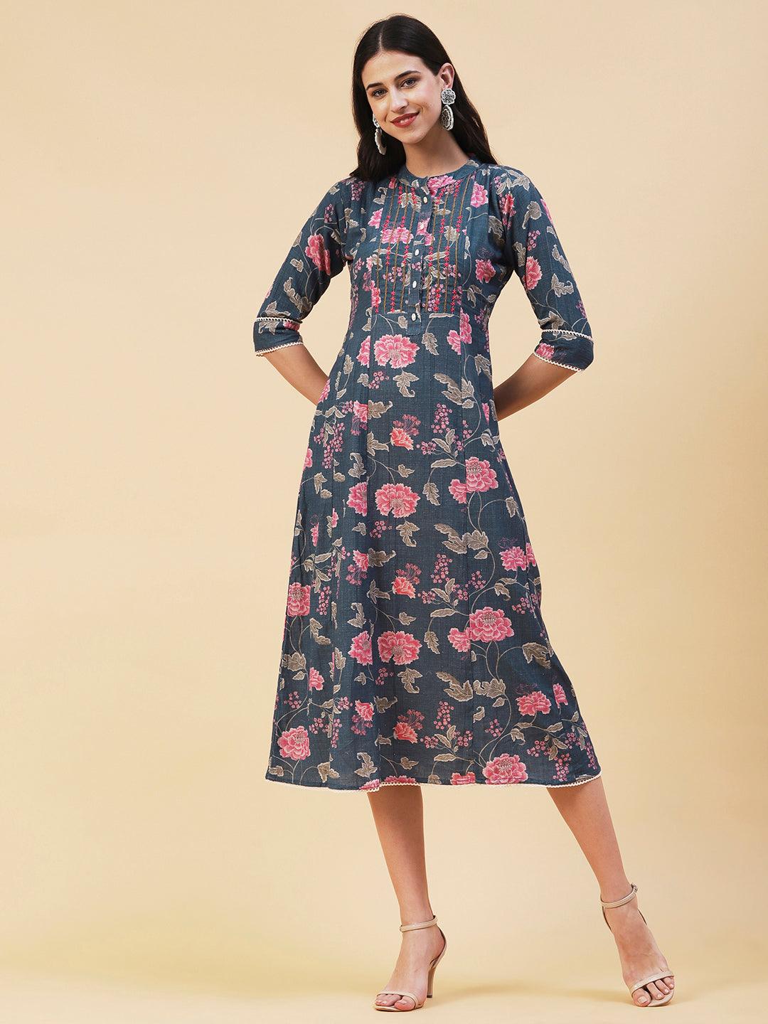 Floral Printed & Embroidered A-Line Midi Dress - Blue - Indiakreations