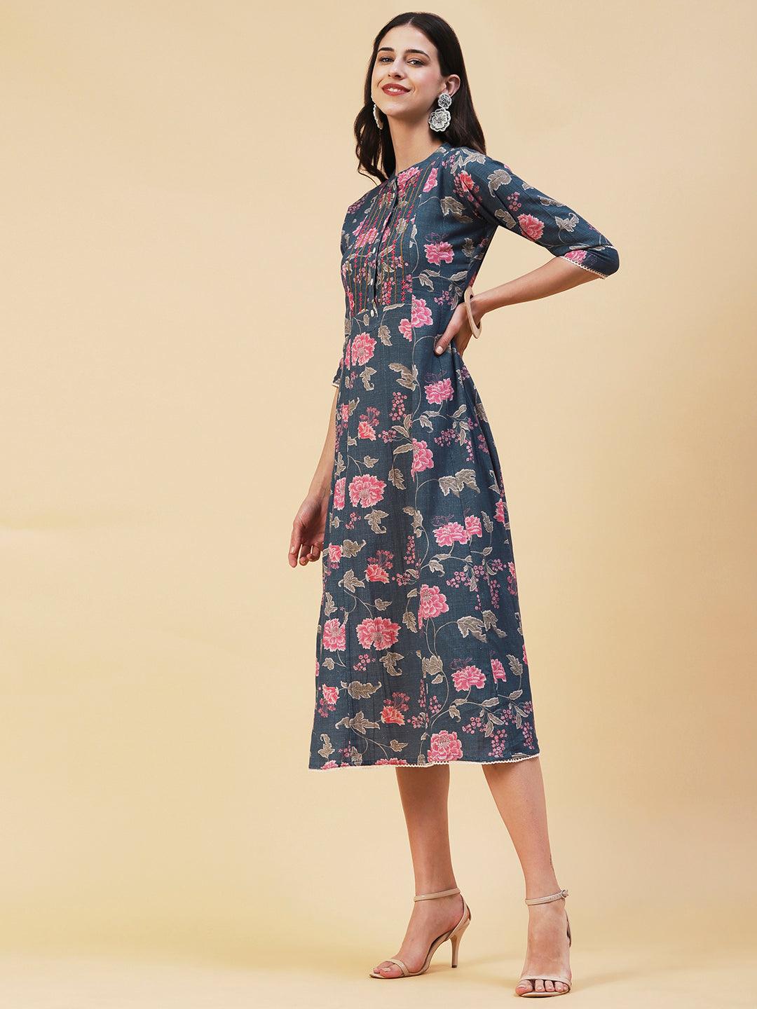 Floral Printed & Embroidered A-Line Midi Dress - Blue - Indiakreations