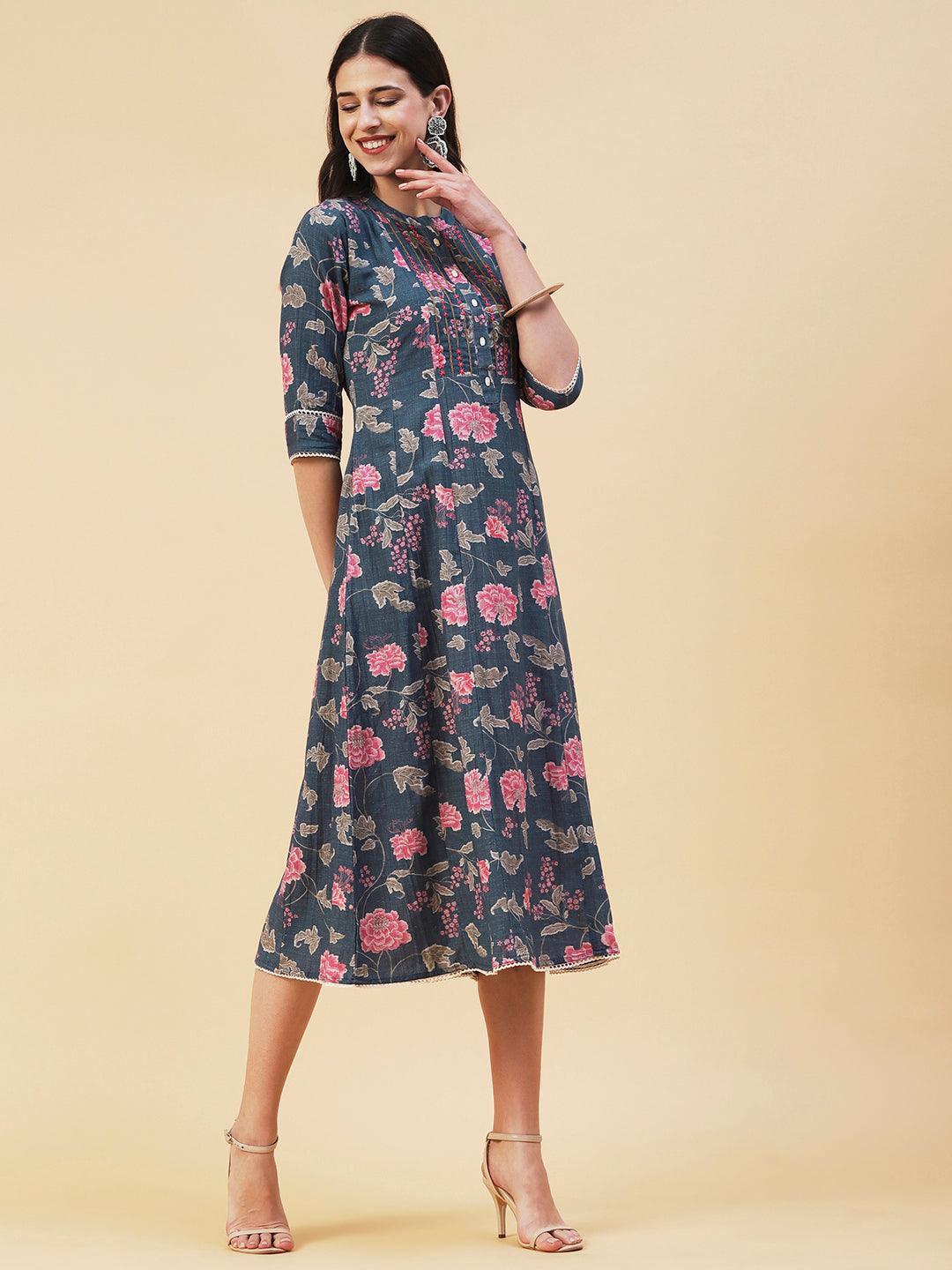 Floral Printed & Embroidered A-Line Midi Dress - Blue - Indiakreations