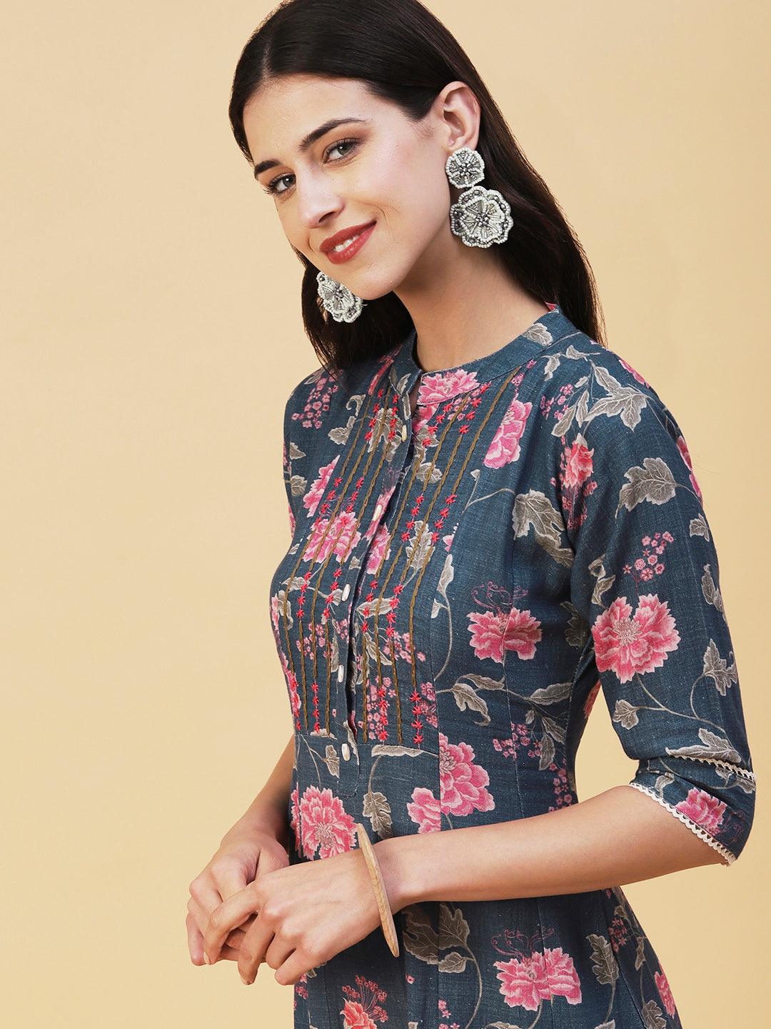 Floral Printed & Embroidered A-Line Midi Dress - Blue - Indiakreations