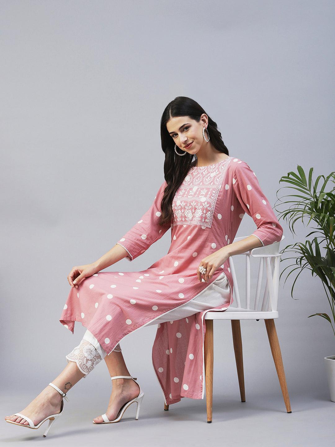 Polka Dot Printed & Chikankari Embroidered Straight Kurta - Pink - Indiakreations