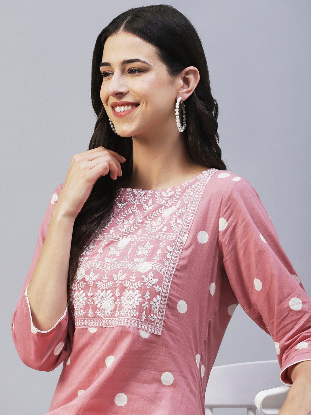 Polka Dot Printed & Chikankari Embroidered Straight Kurta - Pink - Indiakreations