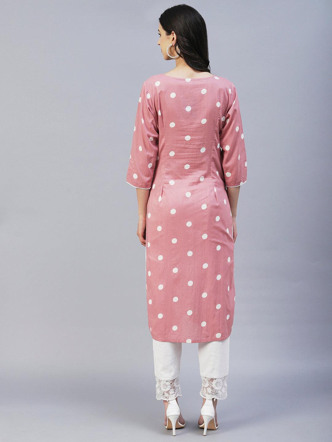 Polka Dot Printed & Chikankari Embroidered Straight Kurta - Pink - Indiakreations