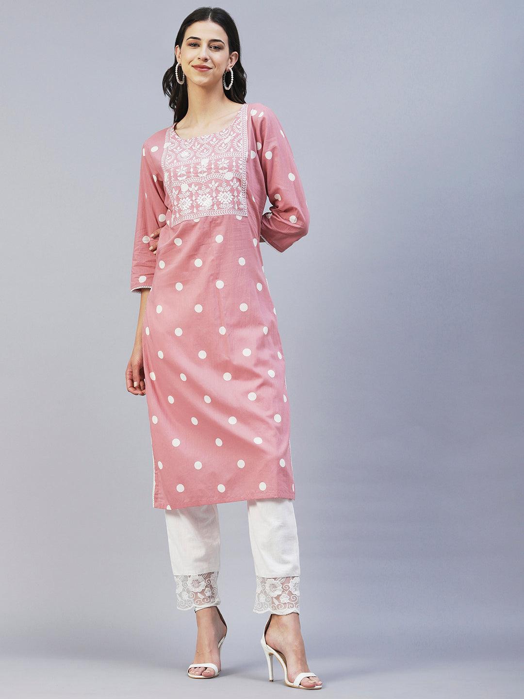 Polka Dot Printed & Chikankari Embroidered Straight Kurta - Pink - Indiakreations