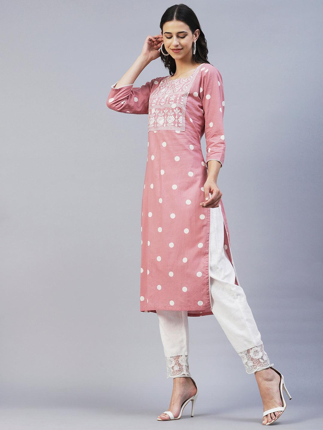 Polka Dot Printed & Chikankari Embroidered Straight Kurta - Pink - Indiakreations