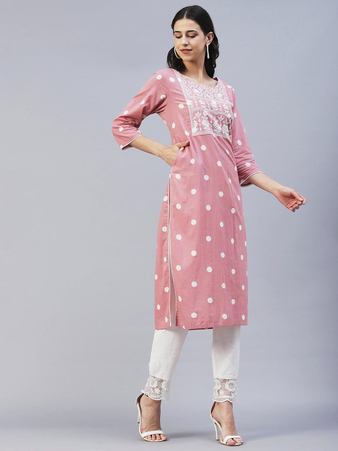 Polka Dot Printed & Chikankari Embroidered Straight Kurta - Pink - Indiakreations