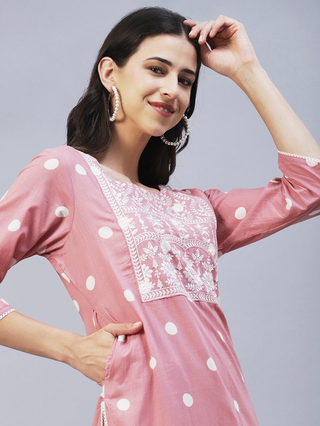 Polka Dot Printed & Chikankari Embroidered Straight Kurta - Pink - Indiakreations