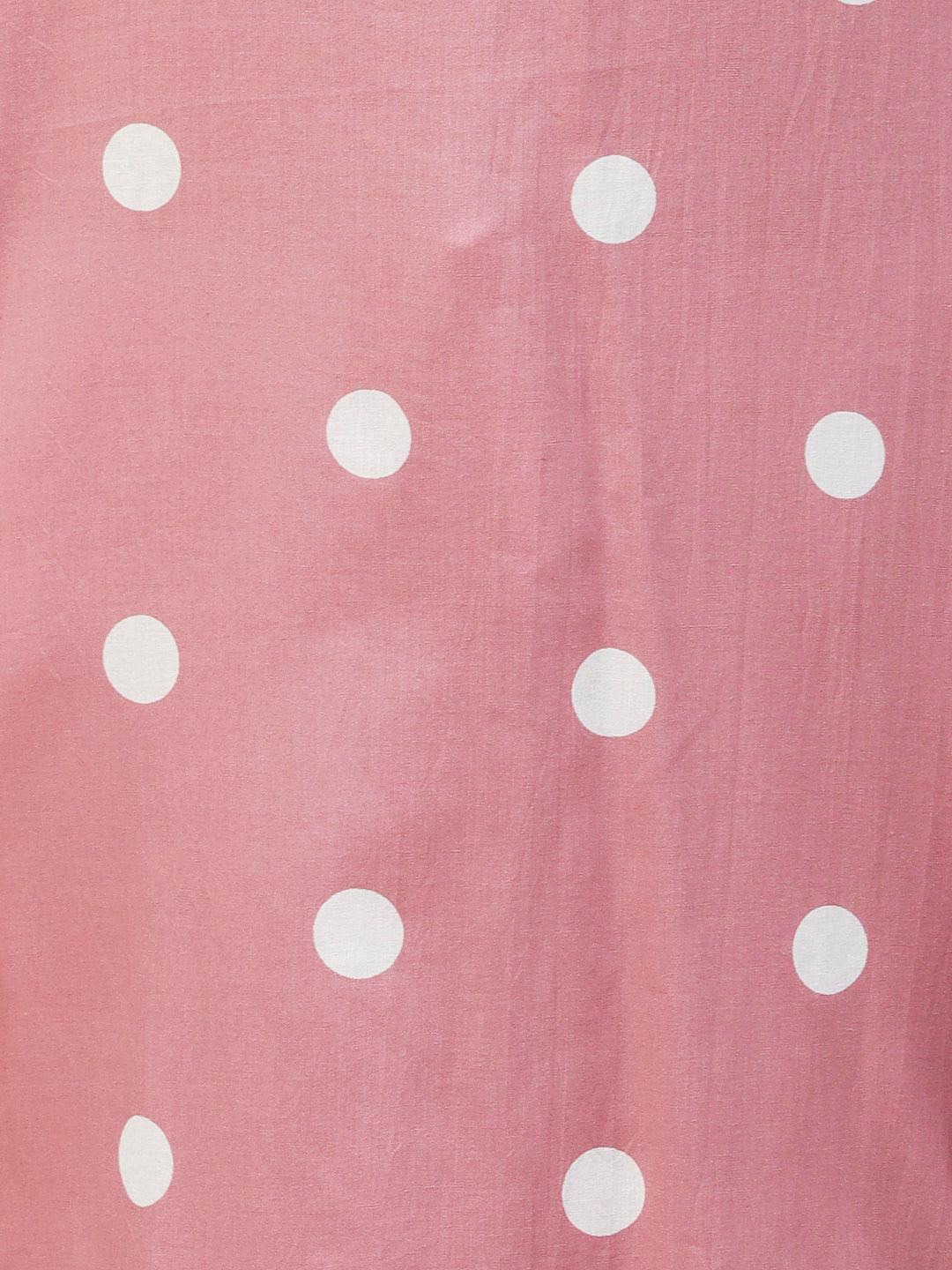 Polka Dot Printed & Chikankari Embroidered Straight Kurta - Pink - Indiakreations