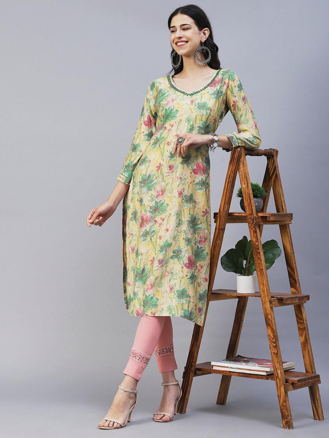 Abstract Floral Printed Straight Fit Kurta - Pale Yellow - Indiakreations