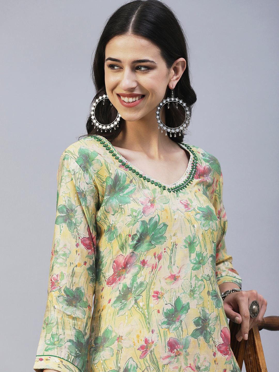 Abstract Floral Printed Straight Fit Kurta - Pale Yellow - Indiakreations