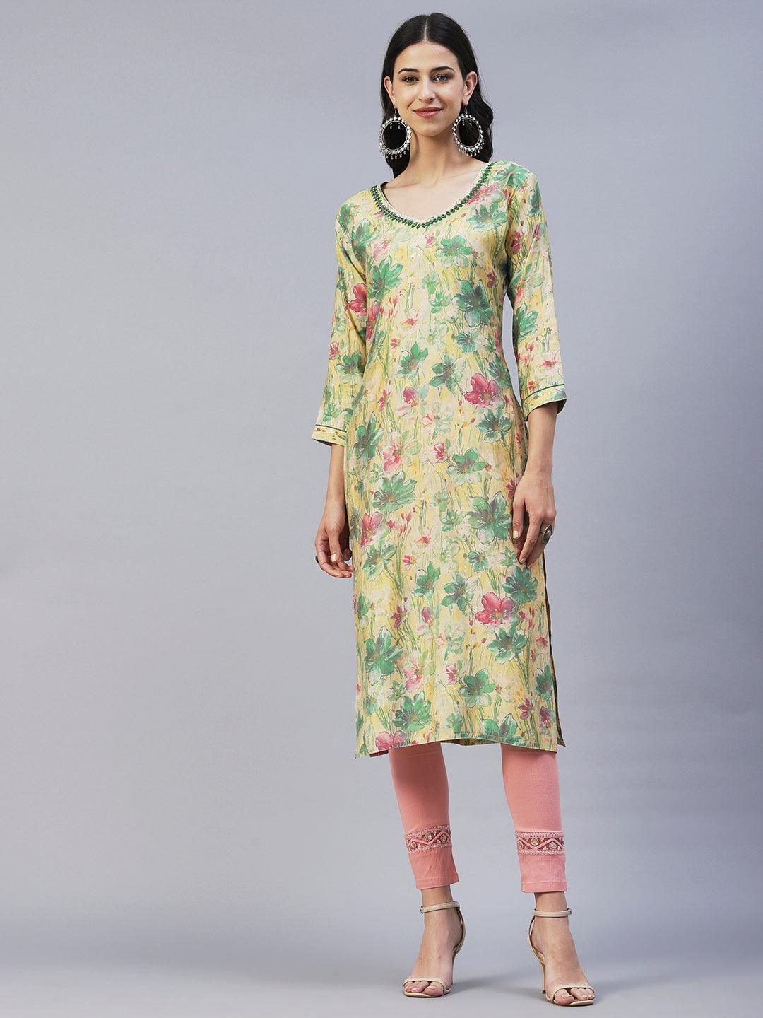 Abstract Floral Printed Straight Fit Kurta - Pale Yellow - Indiakreations