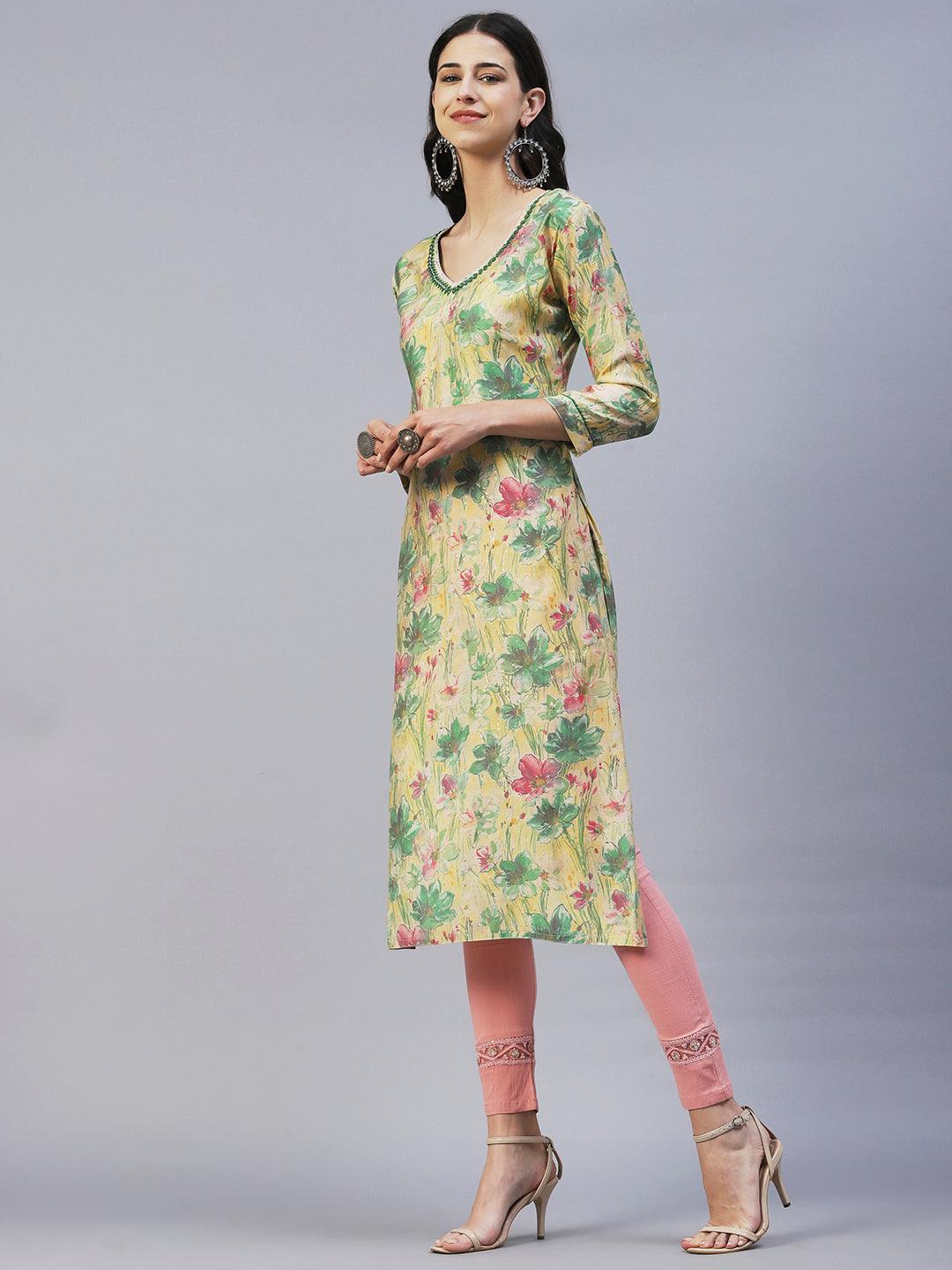 Abstract Floral Printed Straight Fit Kurta - Pale Yellow - Indiakreations