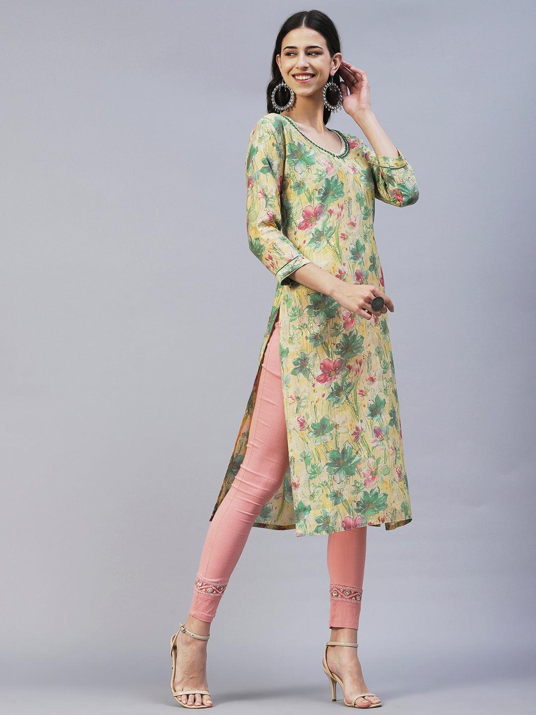 Abstract Floral Printed Straight Fit Kurta - Pale Yellow - Indiakreations