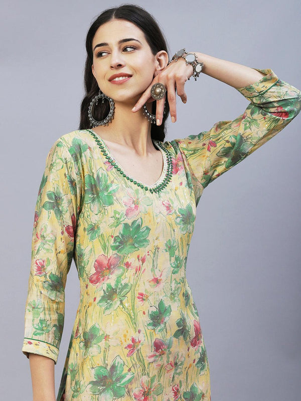 Abstract Floral Printed Straight Fit Kurta - Pale Yellow - Indiakreations