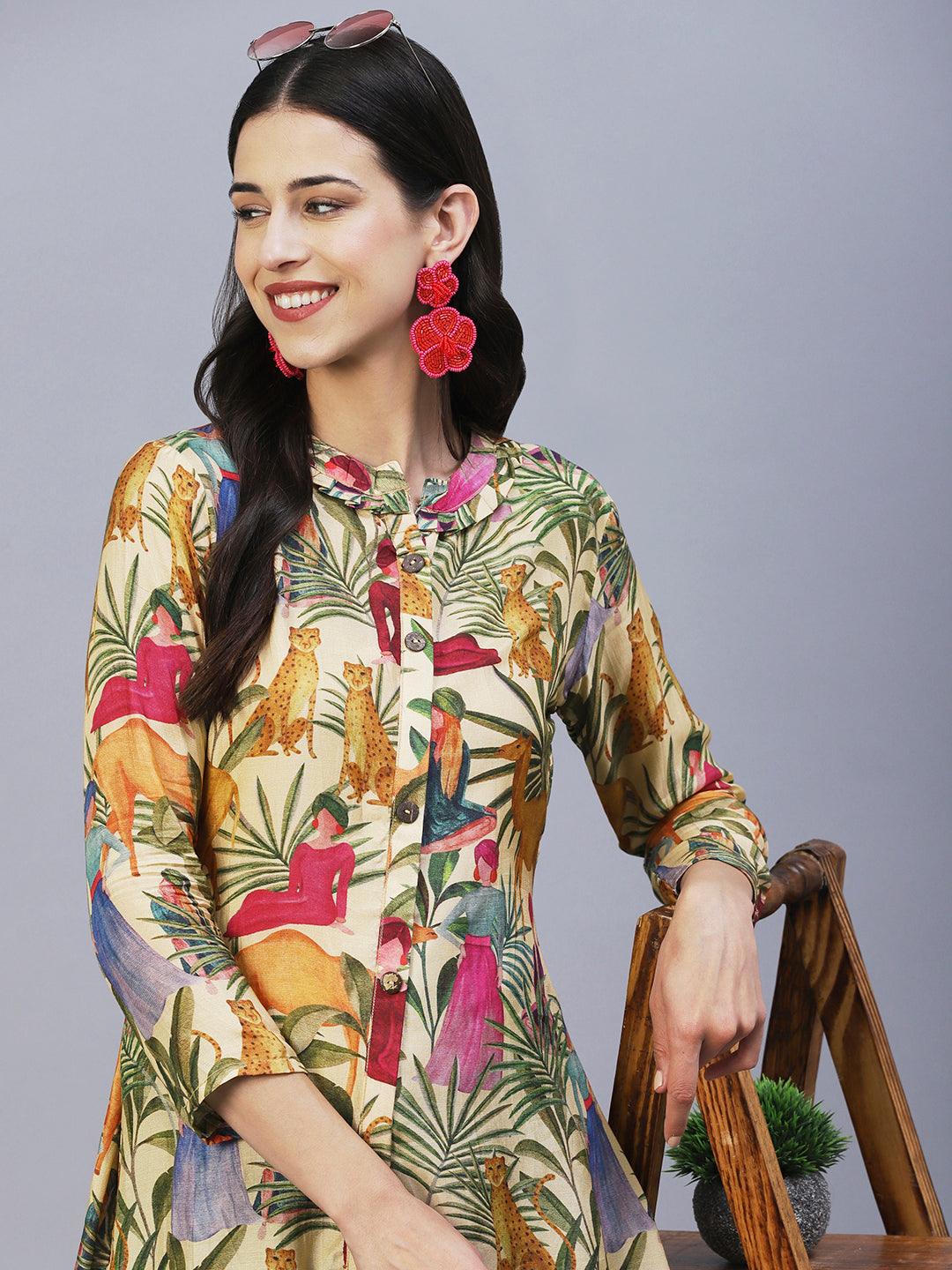 Animal & Tribal Theme Printed Wooden Buttoned Shirt - Cream & Multi - Indiakreations