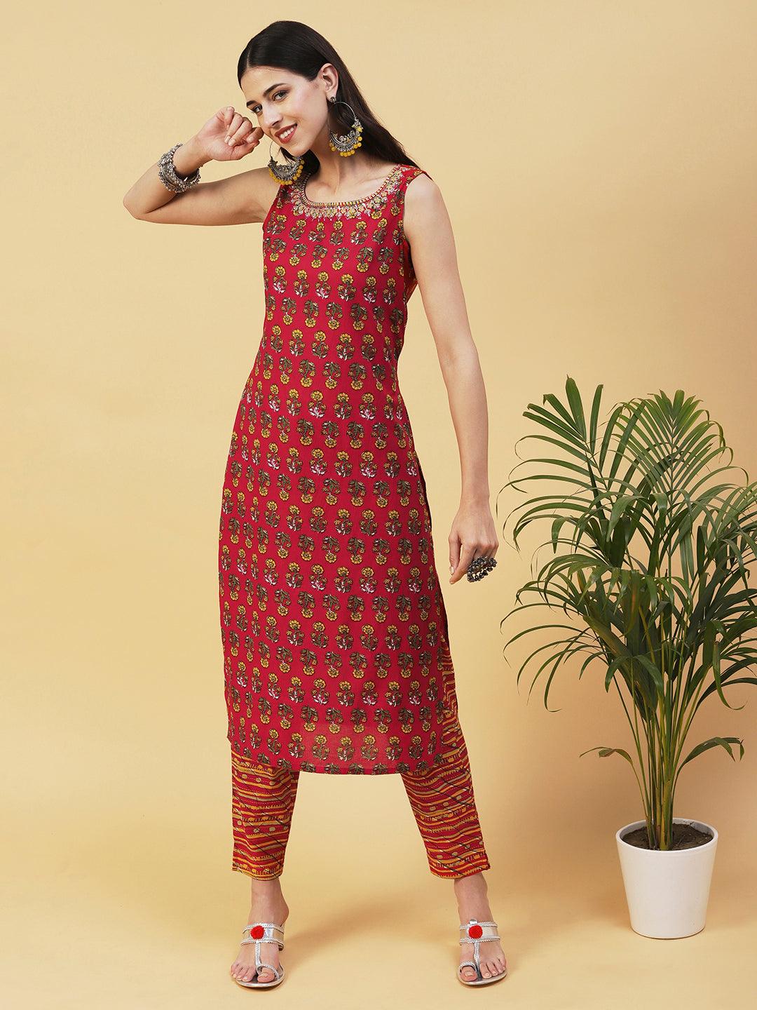 Floral Printed Straight Fit Kurta with Pant - Red - Indiakreations