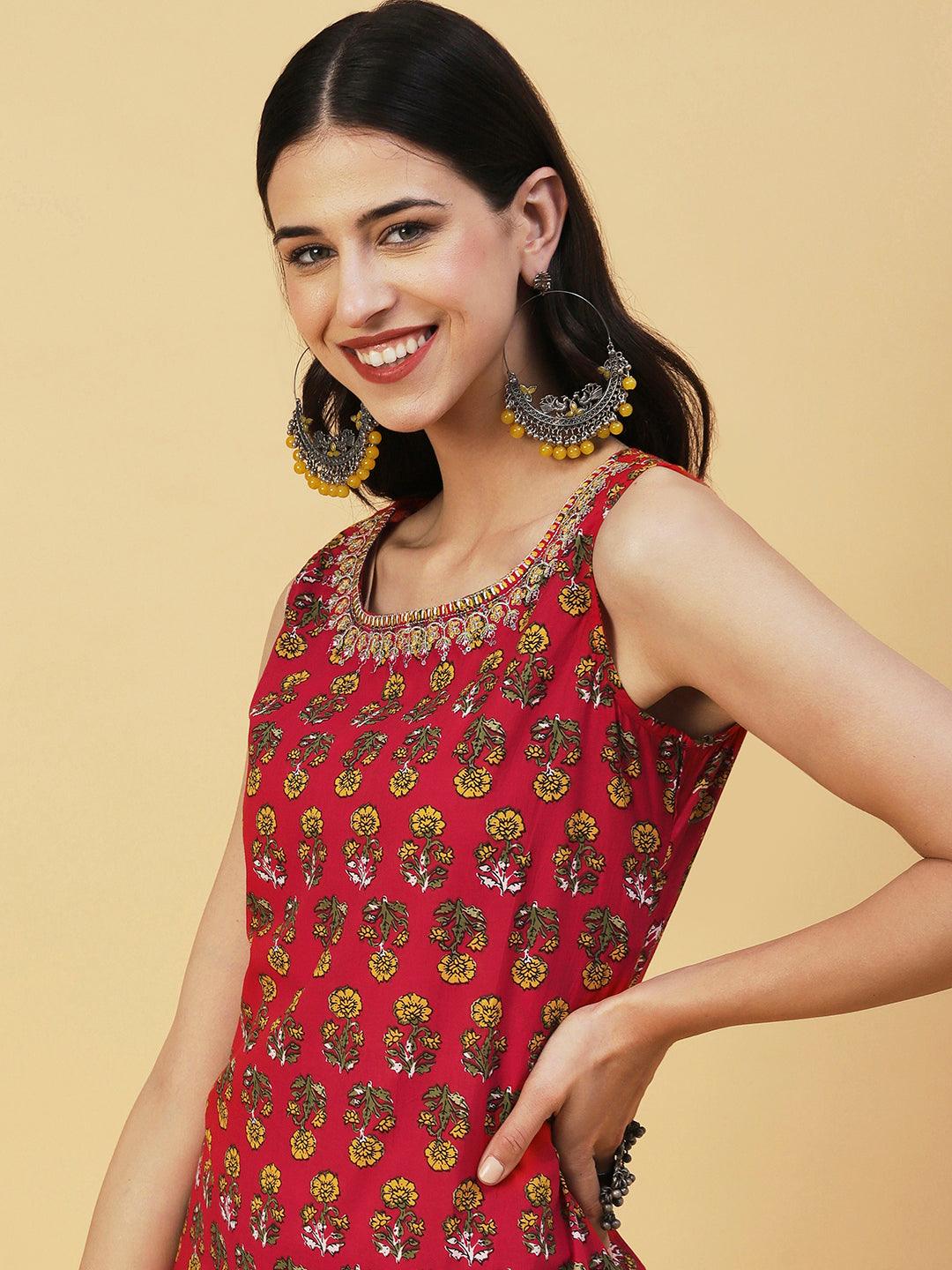 Floral Printed Straight Fit Kurta with Pant - Red - Indiakreations