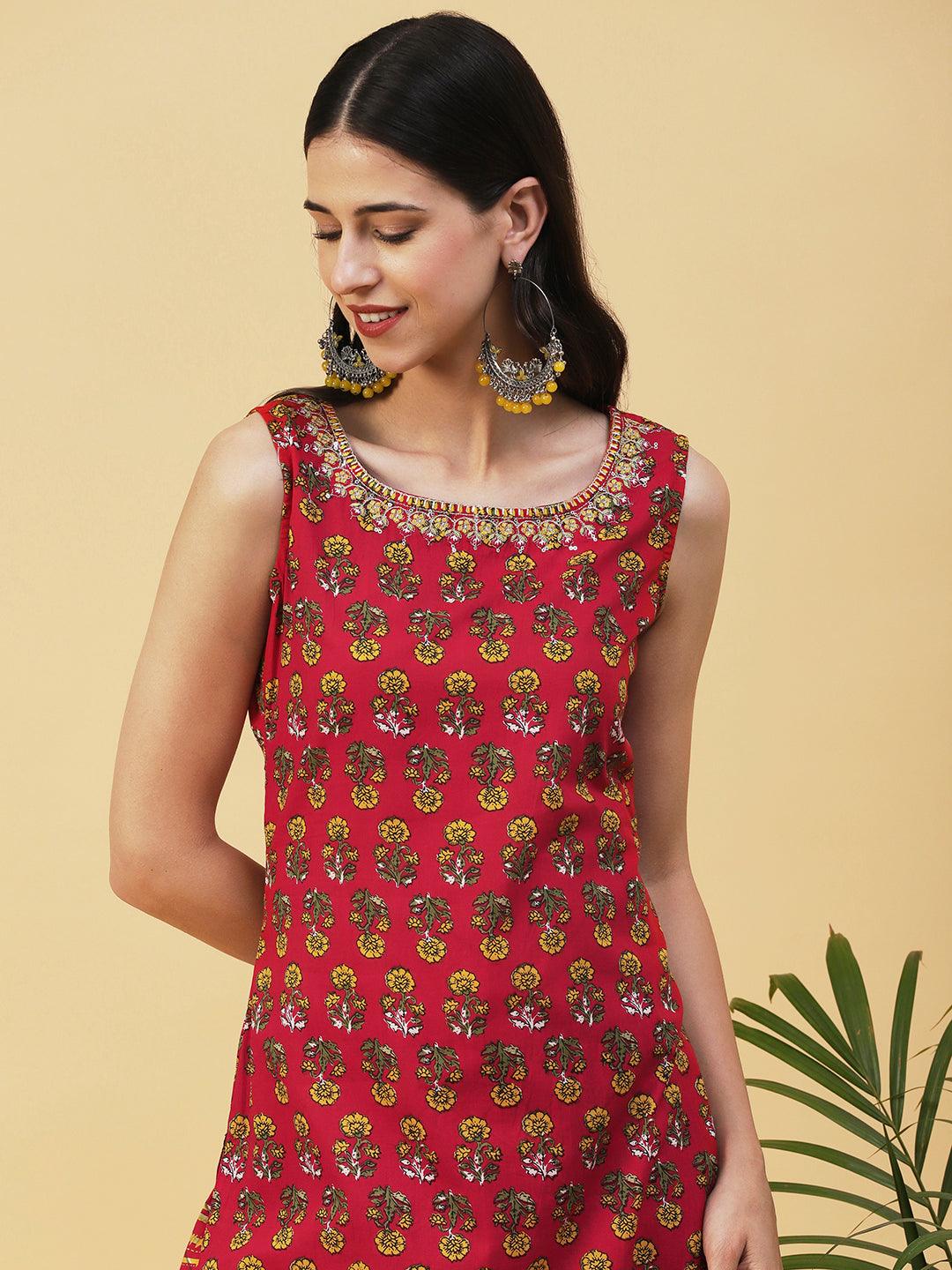 Floral Printed Straight Fit Kurta with Pant - Red - Indiakreations