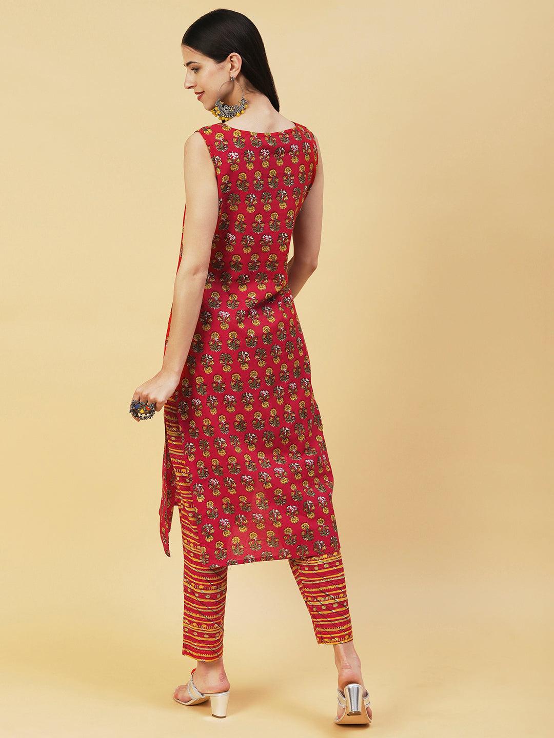 Floral Printed Straight Fit Kurta with Pant - Red - Indiakreations