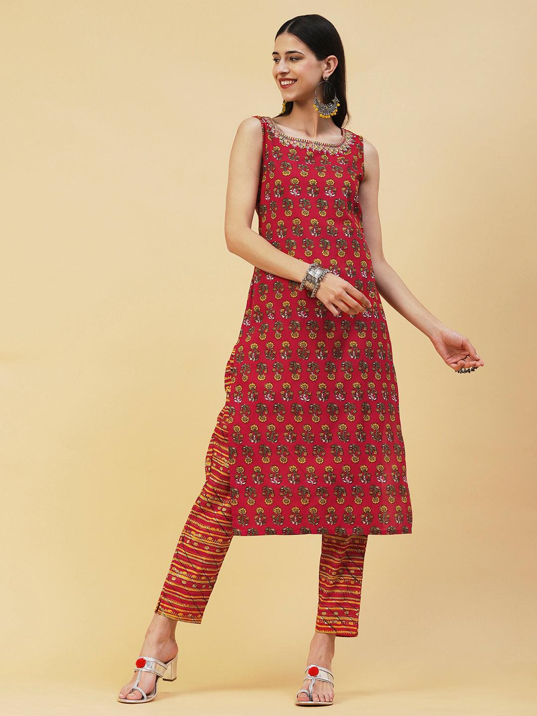 Floral Printed Straight Fit Kurta with Pant - Red - Indiakreations