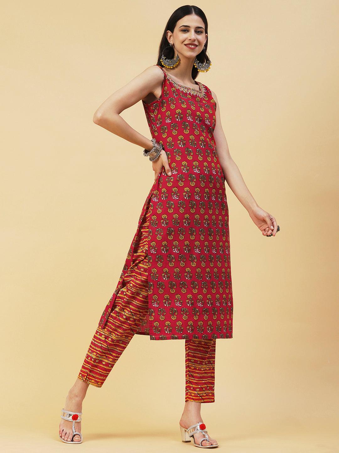 Floral Printed Straight Fit Kurta with Pant - Red - Indiakreations