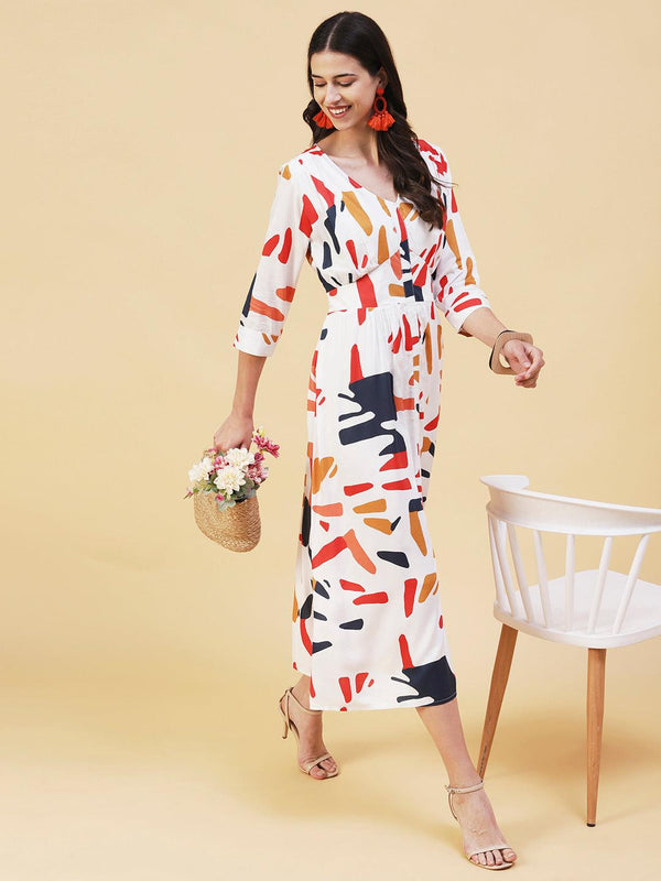 Abstract Printed A- Line Flared Midi Dress - White - Indiakreations