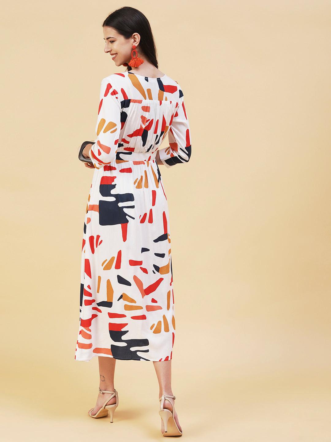 Abstract Printed A- Line Flared Midi Dress - White - Indiakreations