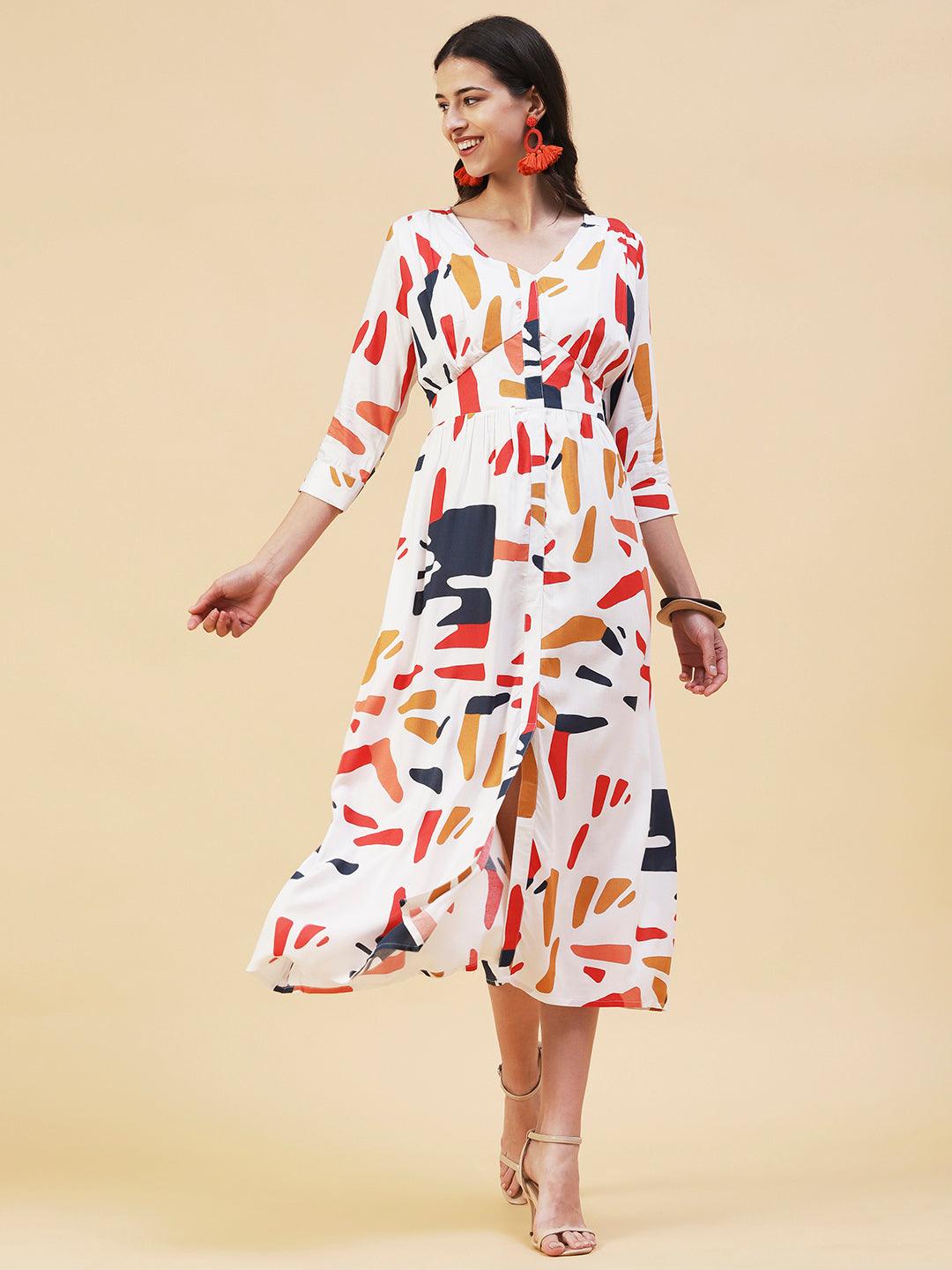 Abstract Printed A- Line Flared Midi Dress - White - Indiakreations