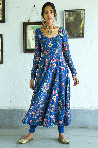 Bhanvara Persian Blue printed Anarkali with chooridar and dupatta - set of 3 RTS - Indiakreations