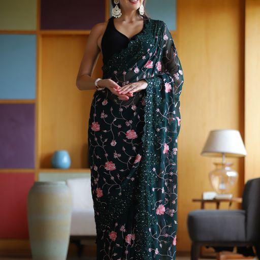 Georgette Party Wear Contemporary Saree In Teal - Indiakreations