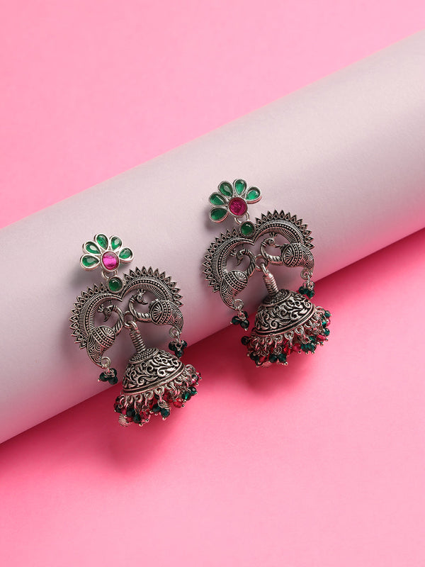 Women's Pink & Green Stone Studded & Silver-Plated Peacock Shaped Beaded Jhumkas - Jazz and Sizzle