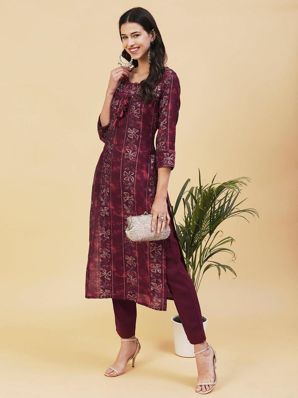 Ethnic Printed & Embroidered Straight Fit Kurta with Pant - Dark Magenta - Indiakreations