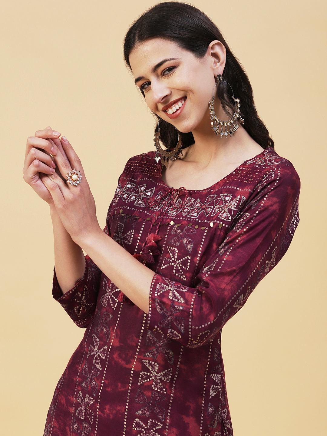 Ethnic Printed & Embroidered Straight Fit Kurta with Pant - Dark Magenta - Indiakreations