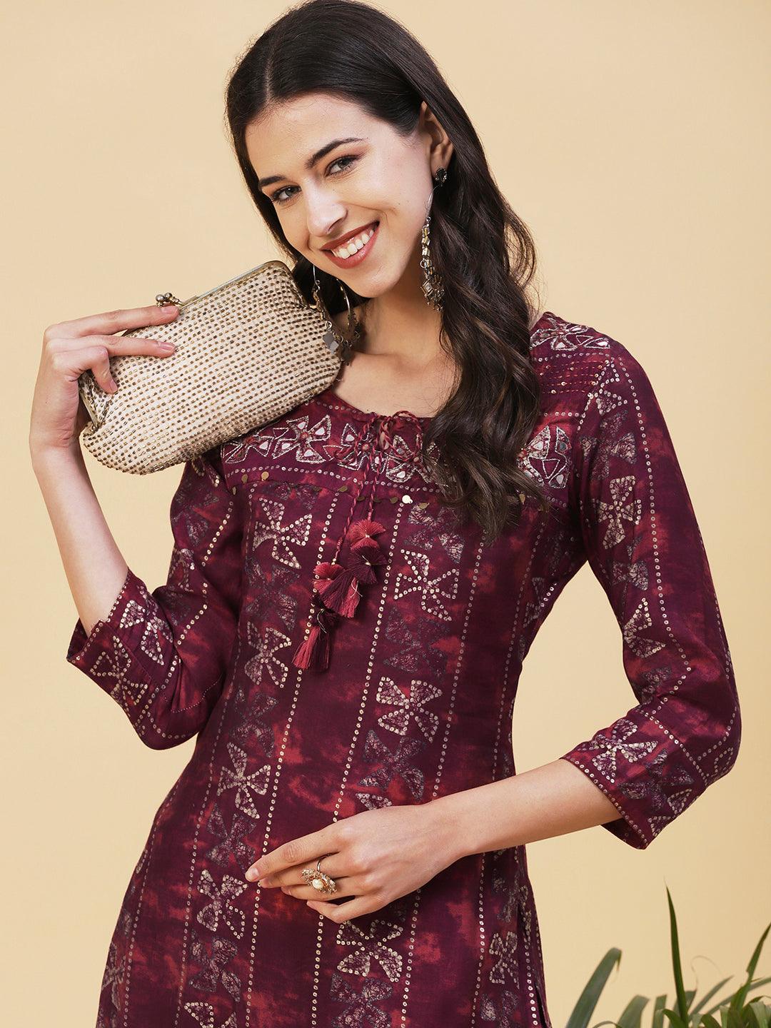 Ethnic Printed & Embroidered Straight Fit Kurta with Pant - Dark Magenta - Indiakreations