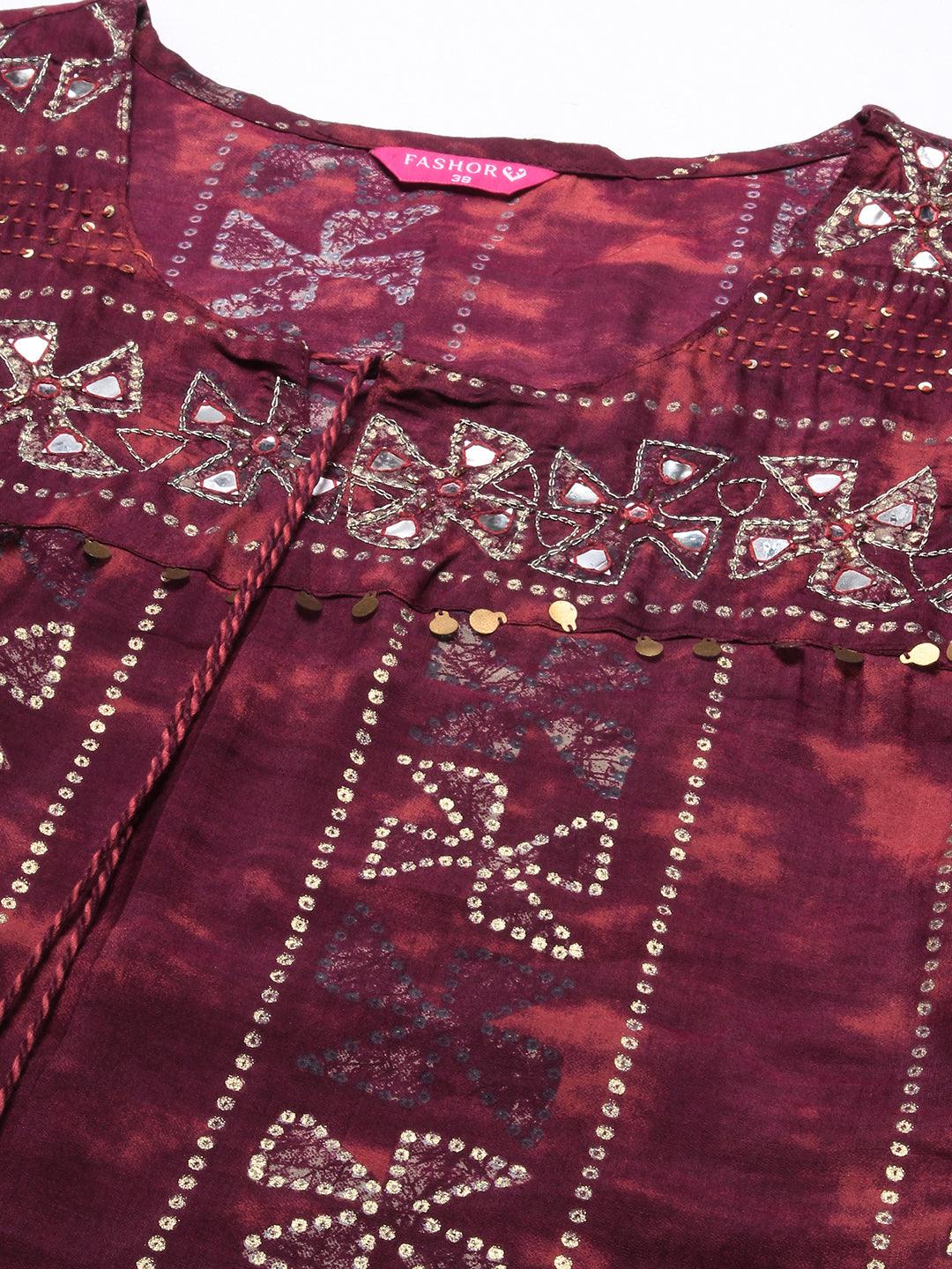 Ethnic Printed & Embroidered Straight Fit Kurta with Pant - Dark Magenta - Indiakreations