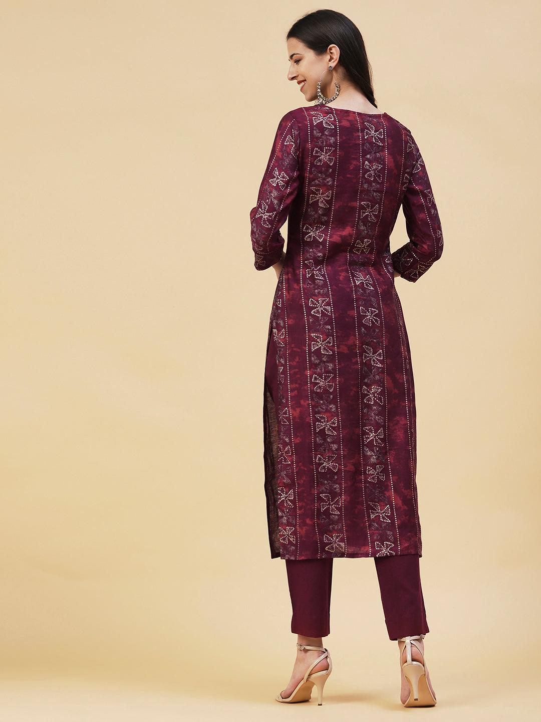 Ethnic Printed & Embroidered Straight Fit Kurta with Pant - Dark Magenta - Indiakreations