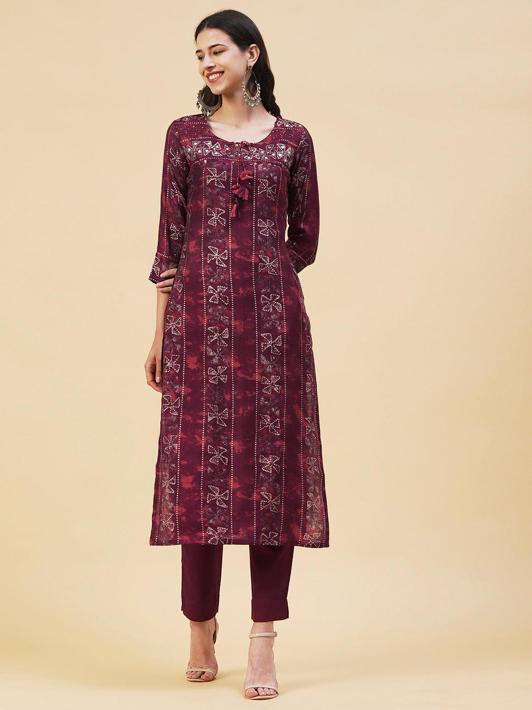 Ethnic Printed & Embroidered Straight Fit Kurta with Pant - Dark Magenta - Indiakreations