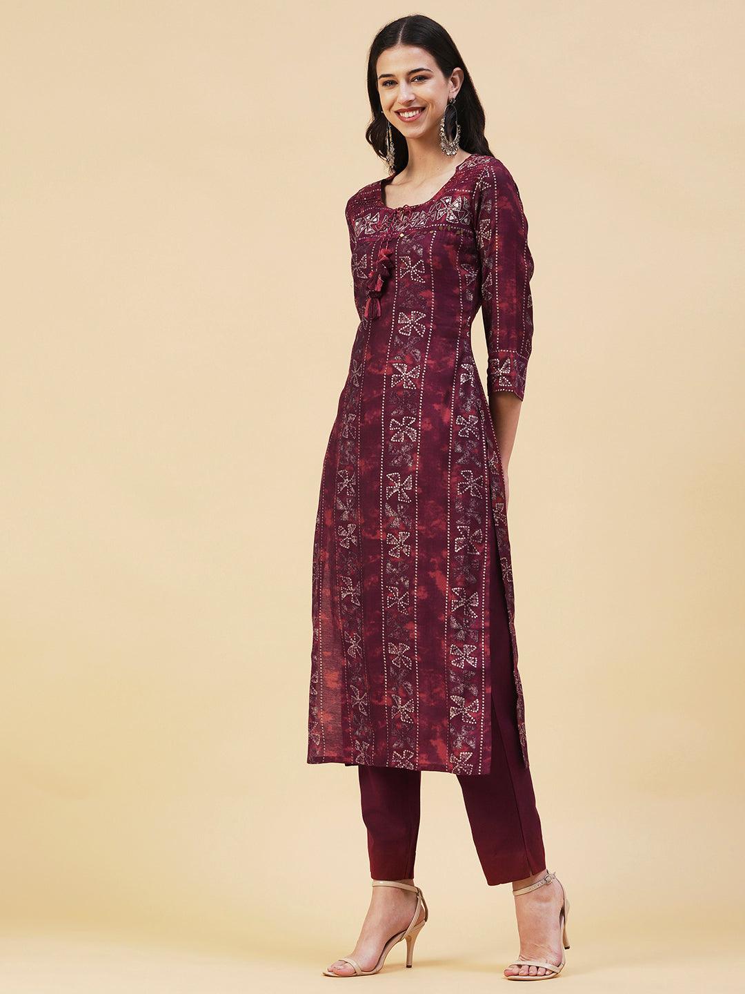 Ethnic Printed & Embroidered Straight Fit Kurta with Pant - Dark Magenta - Indiakreations