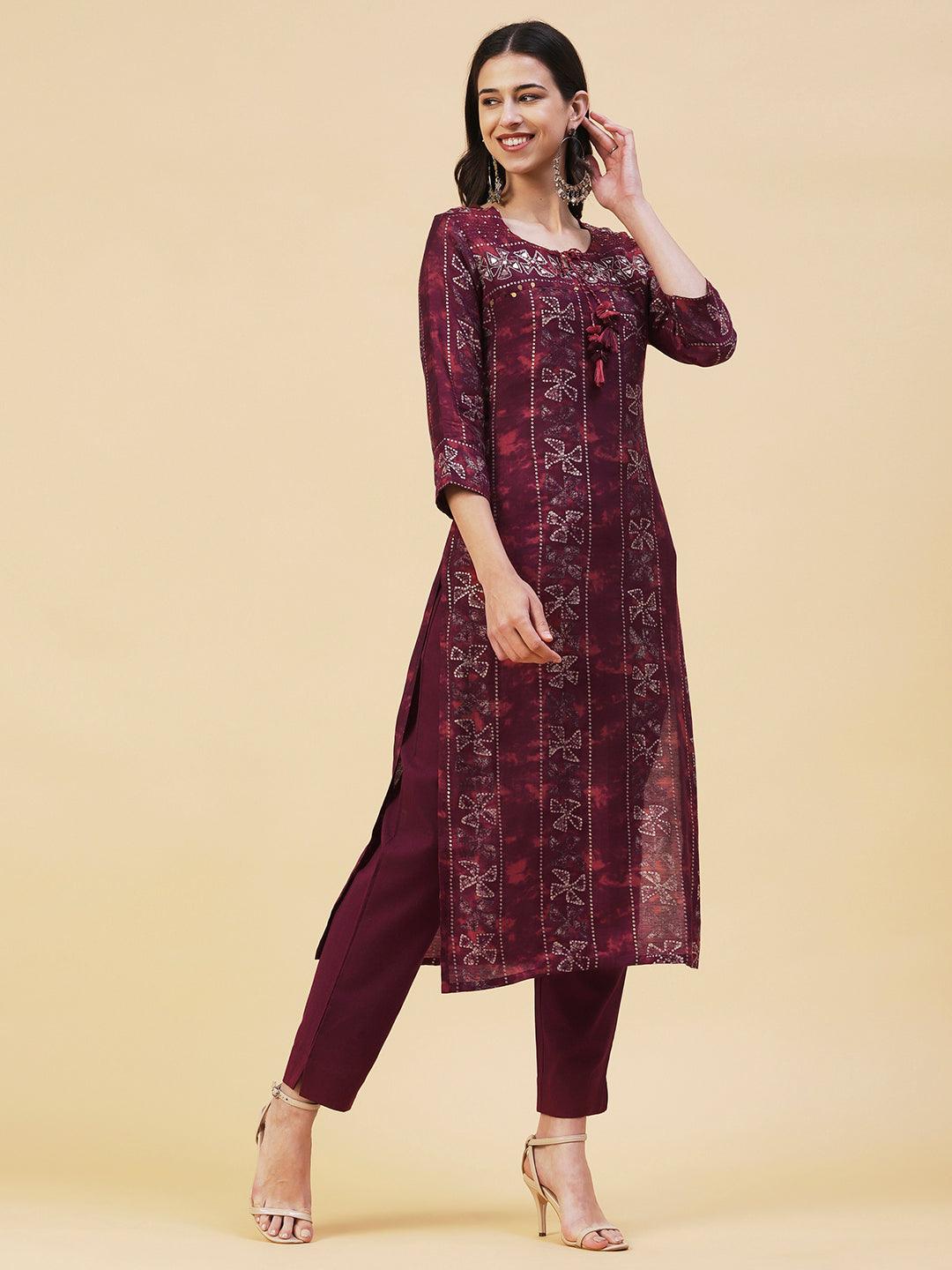 Ethnic Printed & Embroidered Straight Fit Kurta with Pant - Dark Magenta - Indiakreations