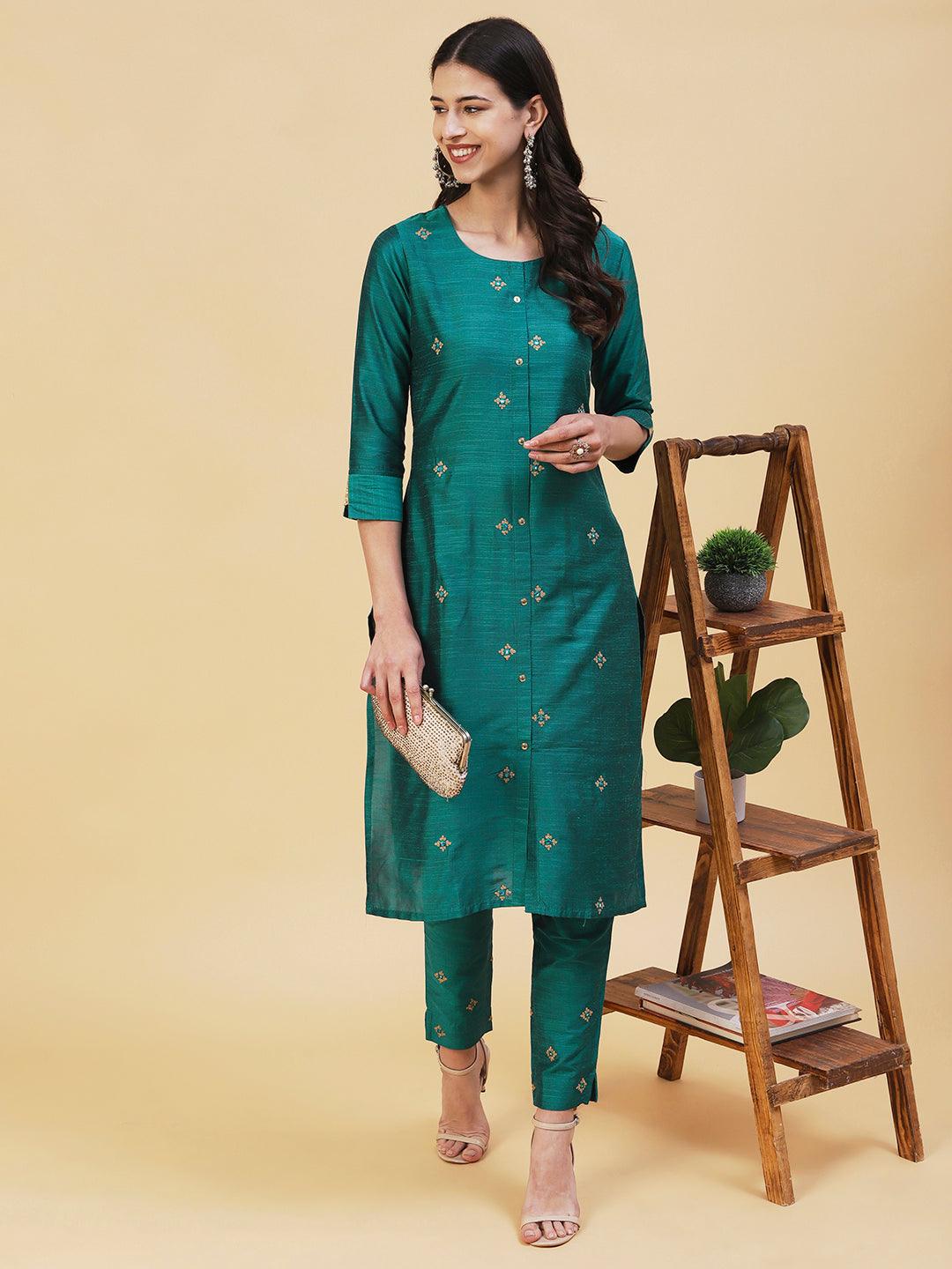 Solid Ethnic Embroidered Straight Fit Kurta with Pant - Green - Indiakreations