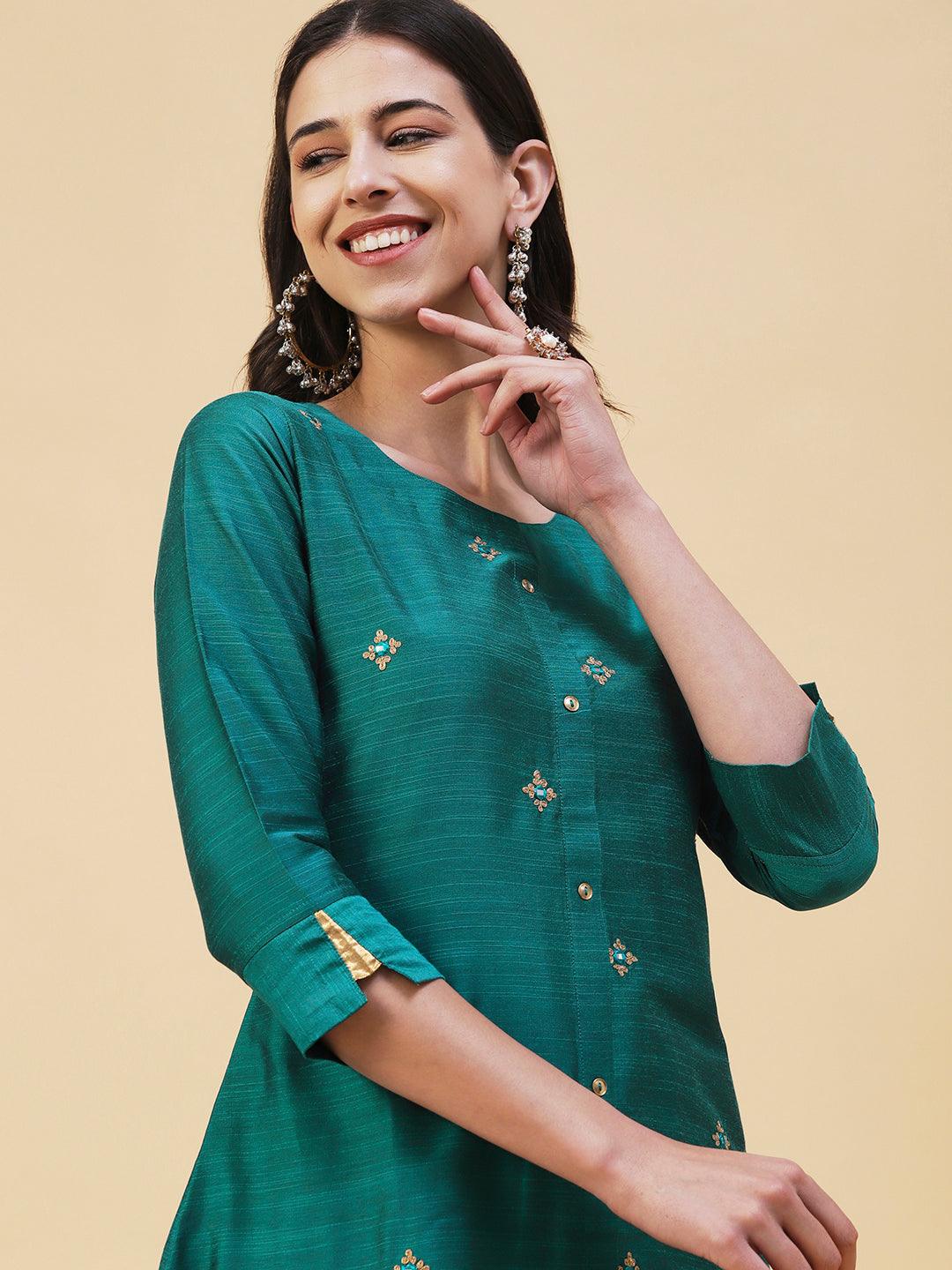 Solid Ethnic Embroidered Straight Fit Kurta with Pant - Green - Indiakreations