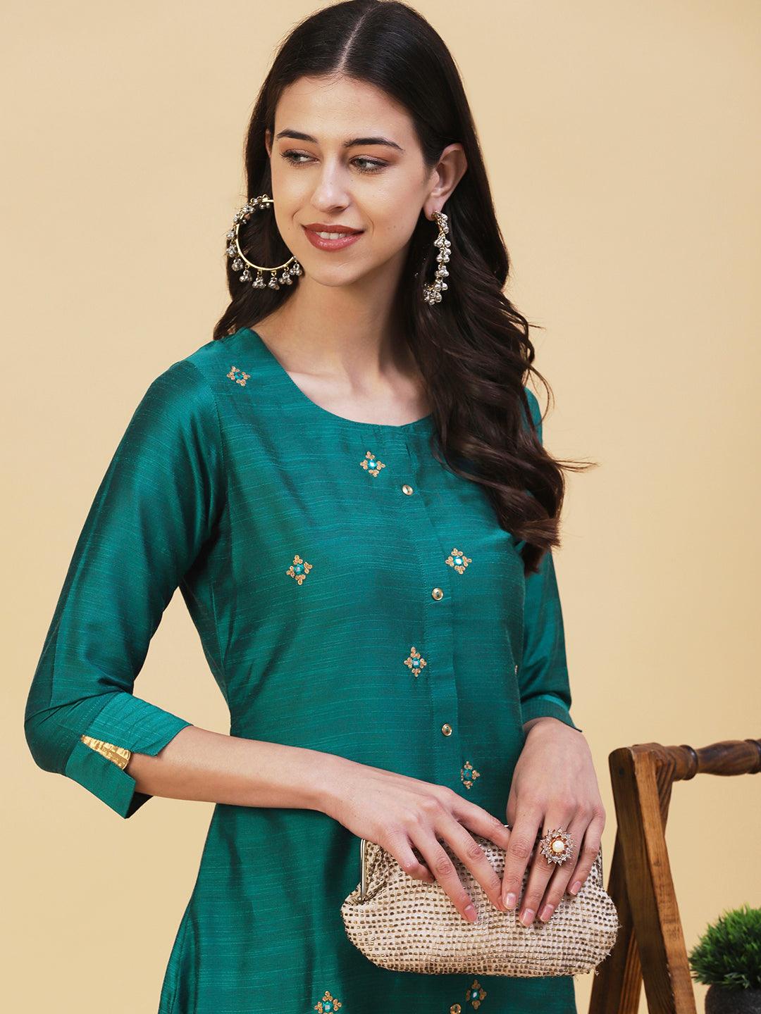 Solid Ethnic Embroidered Straight Fit Kurta with Pant - Green - Indiakreations