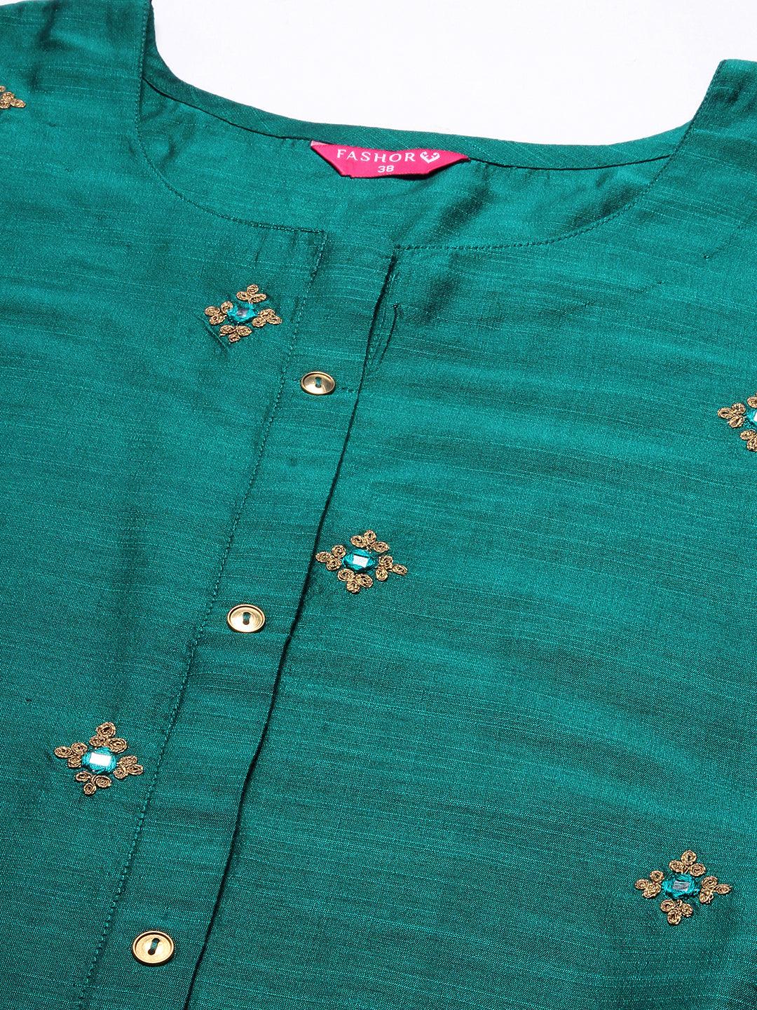 Solid Ethnic Embroidered Straight Fit Kurta with Pant - Green - Indiakreations