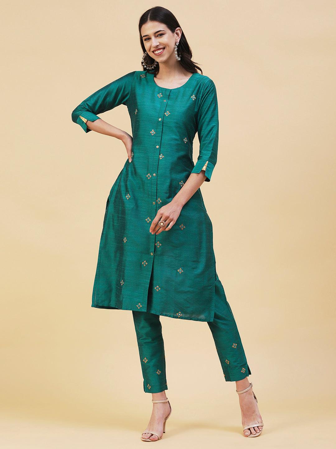 Solid Ethnic Embroidered Straight Fit Kurta with Pant - Green - Indiakreations